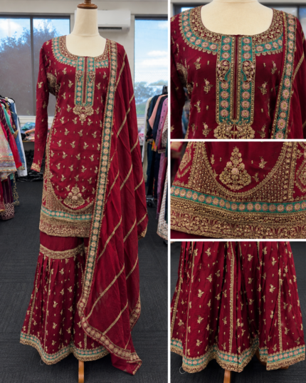 Maroon Royal Embroidered Gharara Suit - Punjabi Threads product image 1