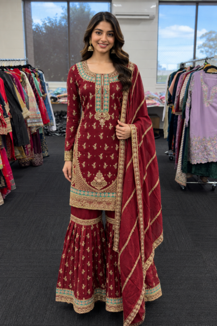 Maroon Royal Embroidered Gharara Suit - Punjabi Threads product image 2