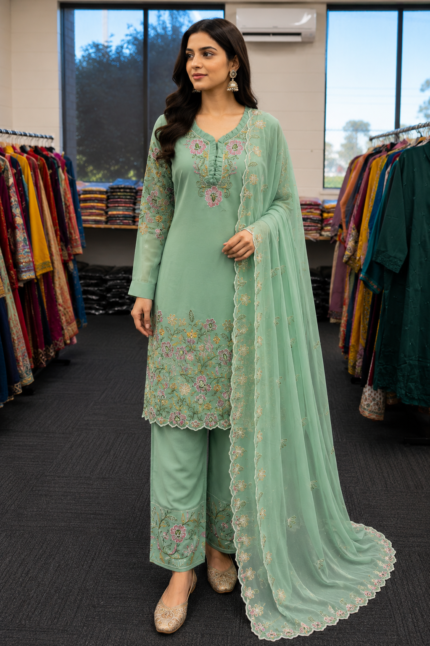 Mint Noor Embroidered Georgette Suit - Punjabi Threads product image 1