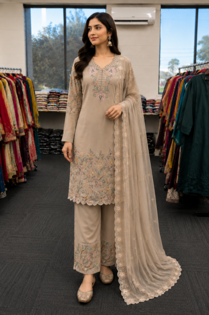 Noor Beige Embroidered Georgette Suit - Punjabi Threads product image 2