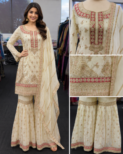 Noor Mahal Ivory Embroidered Gharara Suit - Punjabi Threads product image 1