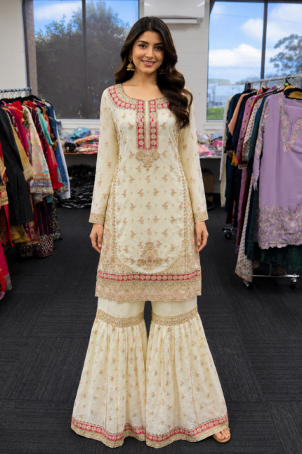 Noor Mahal Ivory Embroidered Gharara Suit - Punjabi Threads product image 2