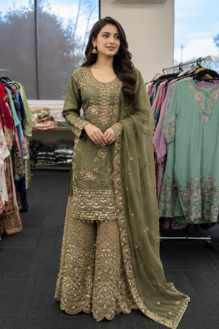Olive Royale Embroidered Sharara Suit - Punjabi Threads product image 1