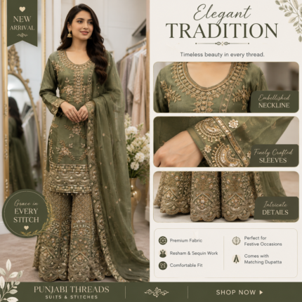 Olive Royale Embroidered Sharara Suit - Punjabi Threads product image 2