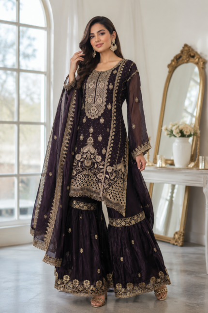 Royal Plum Gold Embroidered Gharara Suit Set - Punjabi Threads product image 1