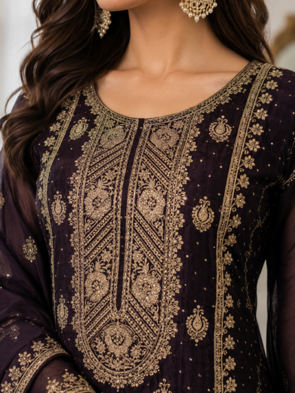 Royal Plum Gold Embroidered Gharara Suit Set - Punjabi Threads product image 2