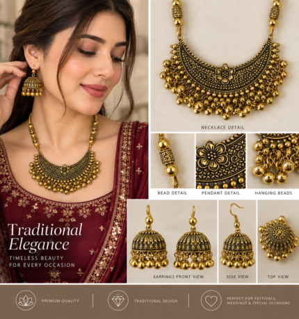 Antique Gold Crescent Necklace & Jhumka Earrings Set - Punjabi Threads product image 2