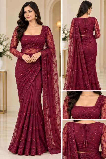 Burgundy Wine Sequin Embroidered Designer Saree - Punjabi Threads product image 1