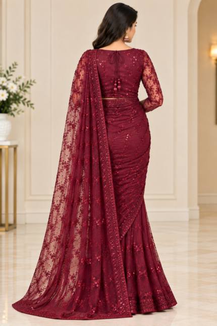 Burgundy Wine Sequin Embroidered Designer Saree - Punjabi Threads product image 2
