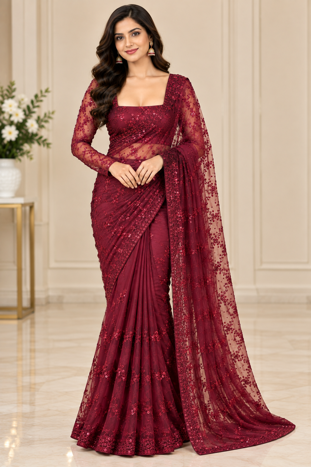 Burgundy Wine Sequin Embroidered Designer Saree - Punjabi Threads product image 3