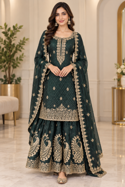 Emerald Green Sharara Suit - Punjabi Threads product image 1