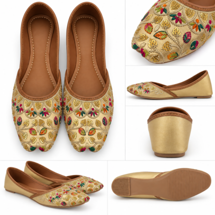 Golden Multicolour Embroidered Punjabi Jutti - Punjabi Threads product image 1