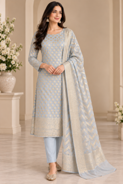 Ice Blue Golden Banarasi Suit Set - Punjabi Threads product image 2