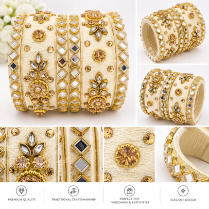Ivory Gold Kundan Mirror Work Bridal Bangle Set - Punjabi Threads product image 1