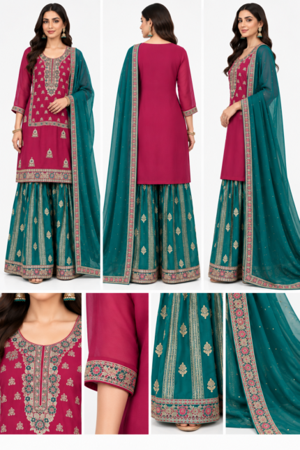 Magenta Teal Sharara Suit - Punjabi Threads product image 2
