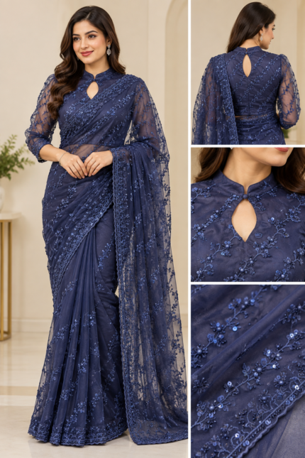 Midnight Navy Sequin Embroidered Designer Saree - Punjabi Threads product image 1
