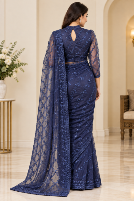 Midnight Navy Sequin Embroidered Designer Saree - Punjabi Threads product image 2