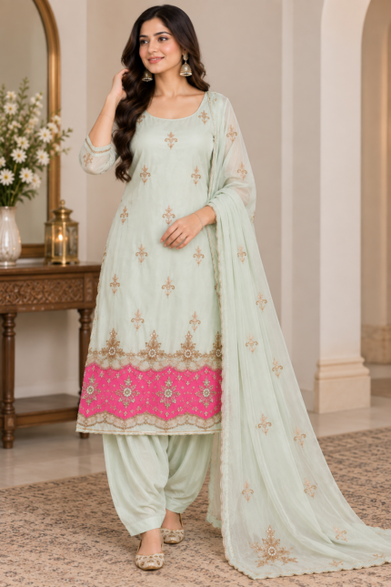 Mint Blossom Pure Viscose Organza Salwar Suit - Punjabi Threads product image 1