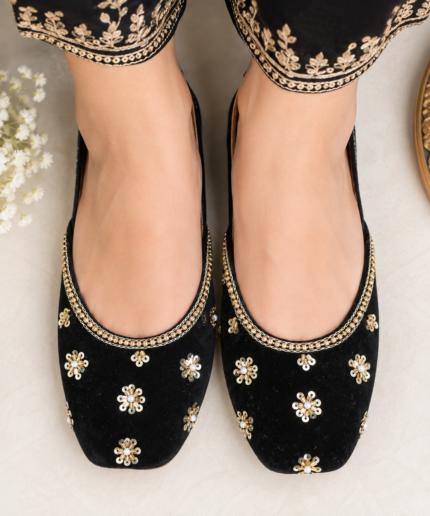 Noor Black Velvet Gold Floral Punjabi Jutti - Punjabi Threads product image 1