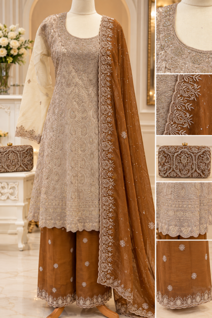 Noor-e-Zari Champagne Palazzo Suit - Punjabi Threads product image 2