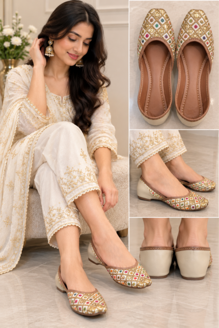 Noor Multicolour Gold Embroidered Punjabi Jutti - Punjabi Threads product image 1