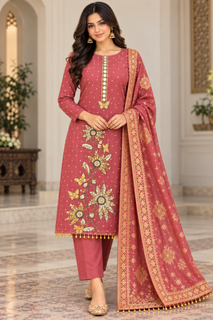 Rose Shimmer Banarasi Embroidered Suit Set - Punjabi Threads product image 1