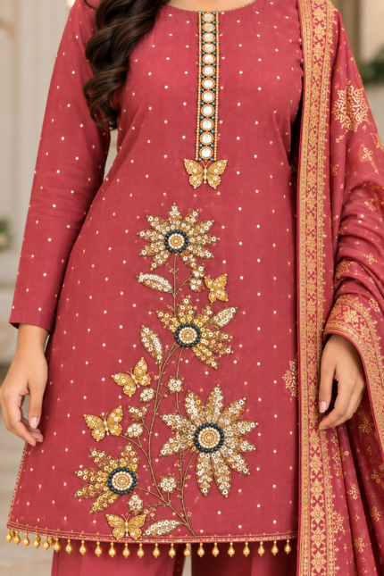 Rose Shimmer Banarasi Embroidered Suit Set - Punjabi Threads product image 2