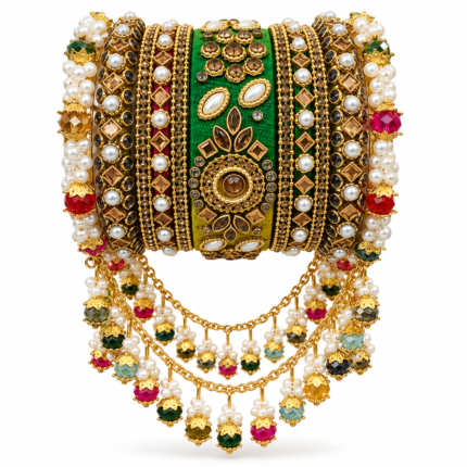 Royal Emerald Kundan Pearl Bridal Bangle Set with Hanging Charms - Punjabi Threads product image 1