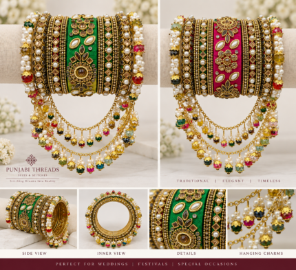 Royal Emerald Kundan Pearl Bridal Bangle Set with Hanging Charms - Punjabi Threads product image 2