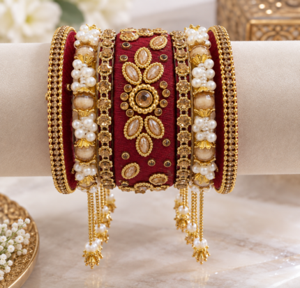 Royal Maroon Pearl Kundan Bridal Bangle Set - Punjabi Threads product image 1