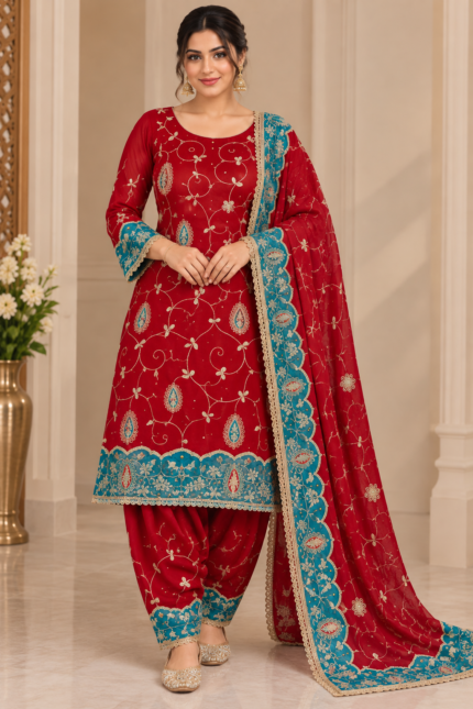Royal Maroon & Teal Embroidered Punjabi Patiala Salwar Suit - Punjabi Threads product image 5