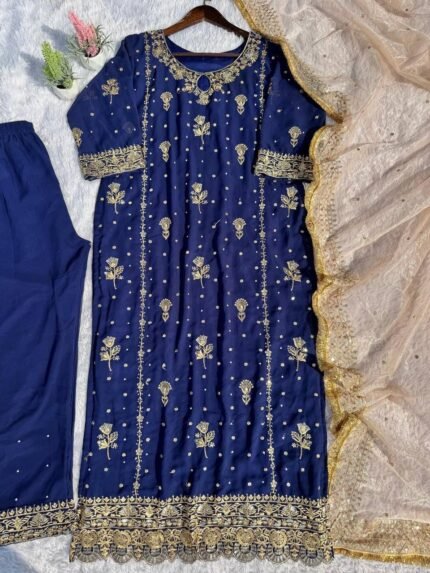 Royal Navy Blue Zari Embroidered Suit - Punjabi Threads product image 1