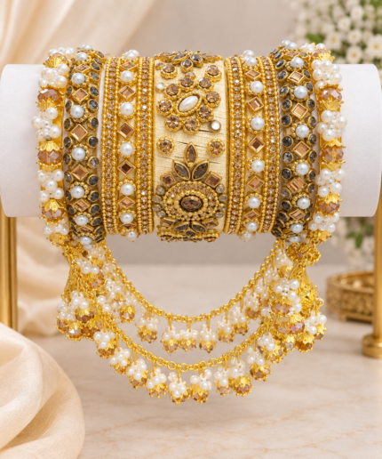 Royal Pearl & Kundan Bridal Bangle Set - Punjabi Threads product image 1