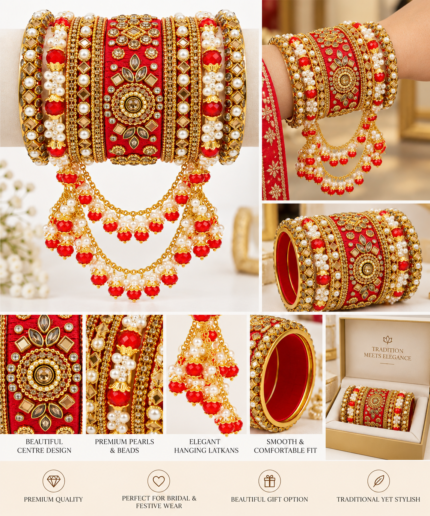 Royal Red Kundan Pearl Bridal Chura Bangle Set - Punjabi Threads product image 1