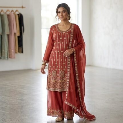 Royal Rust Embroidered Palazzo Suit - Punjabi Threads product image 1