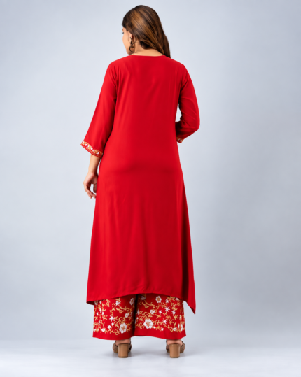 Ruby Red Embroidered Palazzo Set - Punjabi Threads product image 2