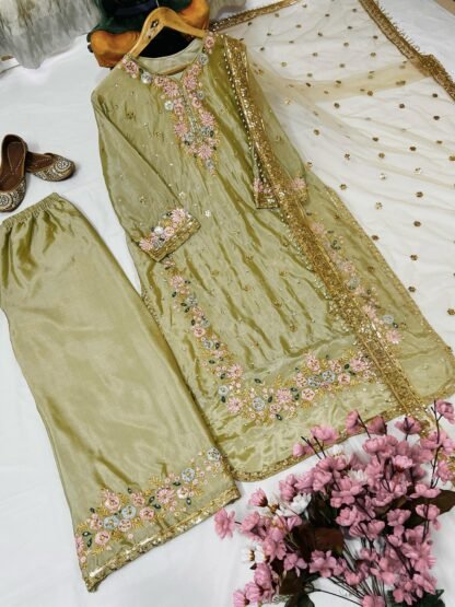 Sage Bloom Embroidered Organza Salwar Suit - Punjabi Threads product image 1