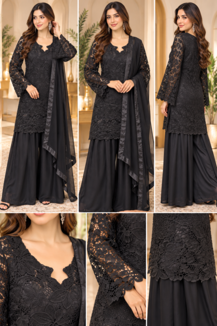 Black Royal Mahira Floral Lace Palazzo Suit - Punjabi Threads product image 1