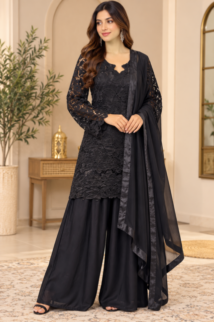 Black Royal Mahira Floral Lace Palazzo Suit - Punjabi Threads product image 2