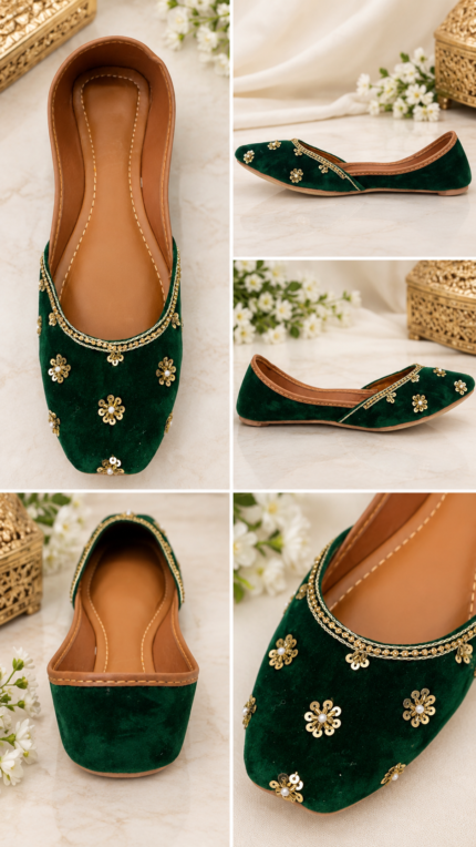 Emerald Green Velvet Punjabi Jutti with Gold Floral Embellishments - Punjabi Threads product image 1