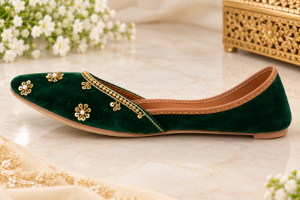 Emerald Green Velvet Punjabi Jutti with Gold Floral Embellishments - Punjabi Threads product image 2