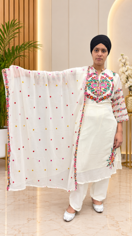 Ivory Bloom Multicolour Floral Embroidered Punjabi Suit Set - Punjabi Threads product image 2