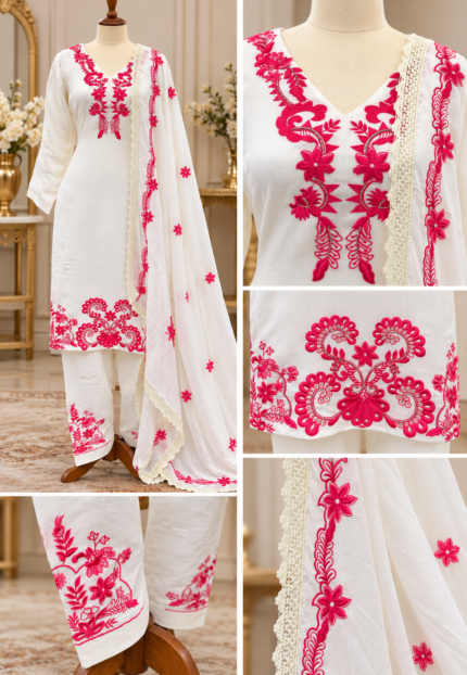 Ivory & Fuchsia Floral Embroidered Salwar Kameez Set - Punjabi Threads product image 1