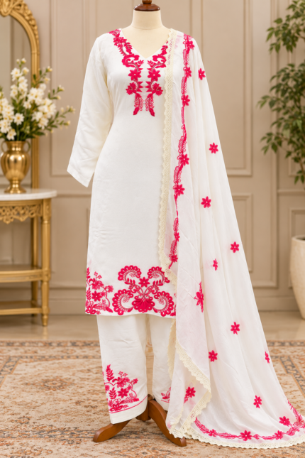 Ivory & Fuchsia Floral Embroidered Salwar Kameez Set - Punjabi Threads product image 2
