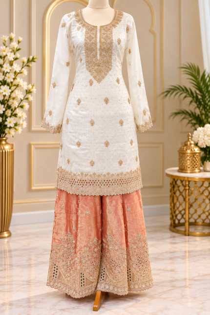 Ivory Peach Luxury Sharara Suit - Punjabi Threads product image 1