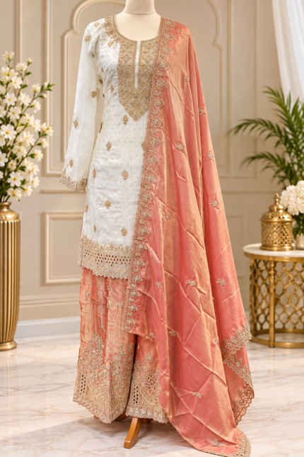 Ivory Peach Luxury Sharara Suit - Punjabi Threads product image 2