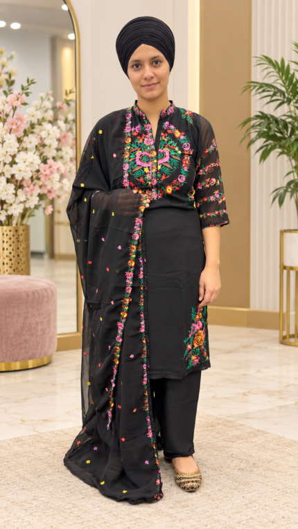 Multicolour Floral Embroidered Black Salwar Suit - Punjabi Threads product image 1