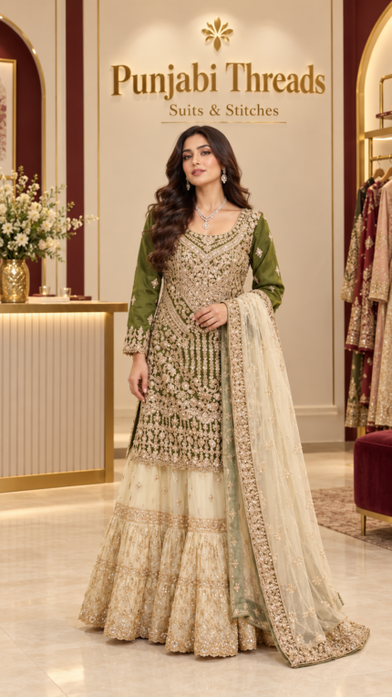 Olive Green Gold Embroidered Farshi Lehenga Set - Punjabi Threads product image 1