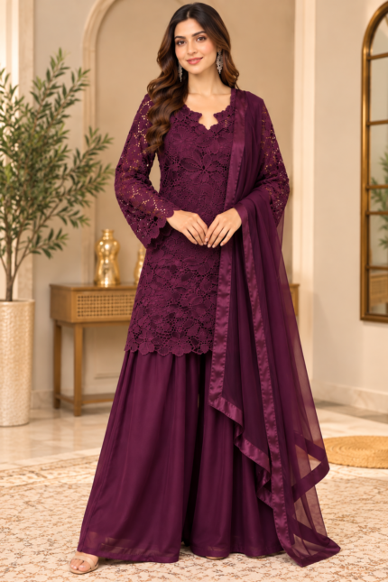 Plum Royal Mahira Floral Lace Palazzo Suit - Punjabi Threads product image 1