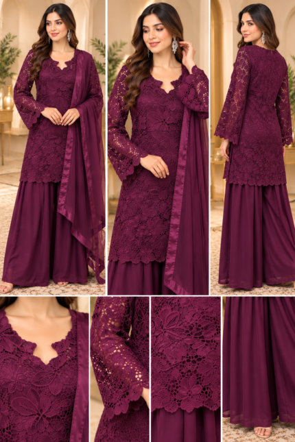 Plum Royal Mahira Floral Lace Palazzo Suit - Punjabi Threads product image 2
